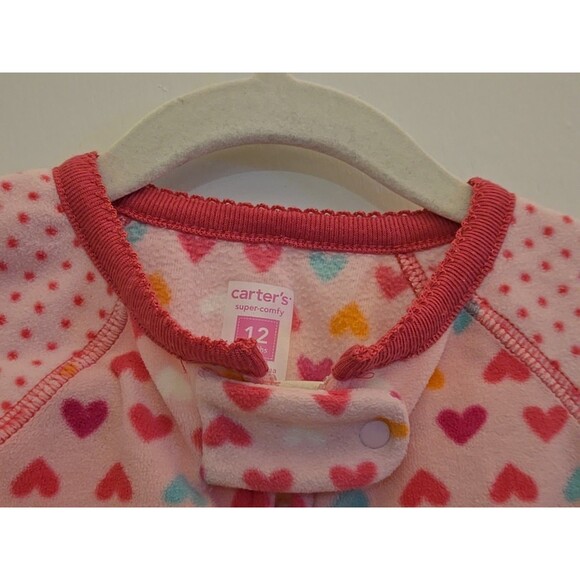 Carter’s Toddler Girls Pajamas 12 Month One Piece Fleece Hearts Polka Dots Pink - Picture 10 of 11
